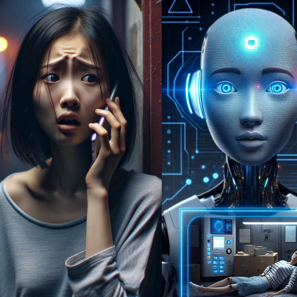 An image depicting a distressed person dialing emergency services, juxtaposed with a digital AI-based response
