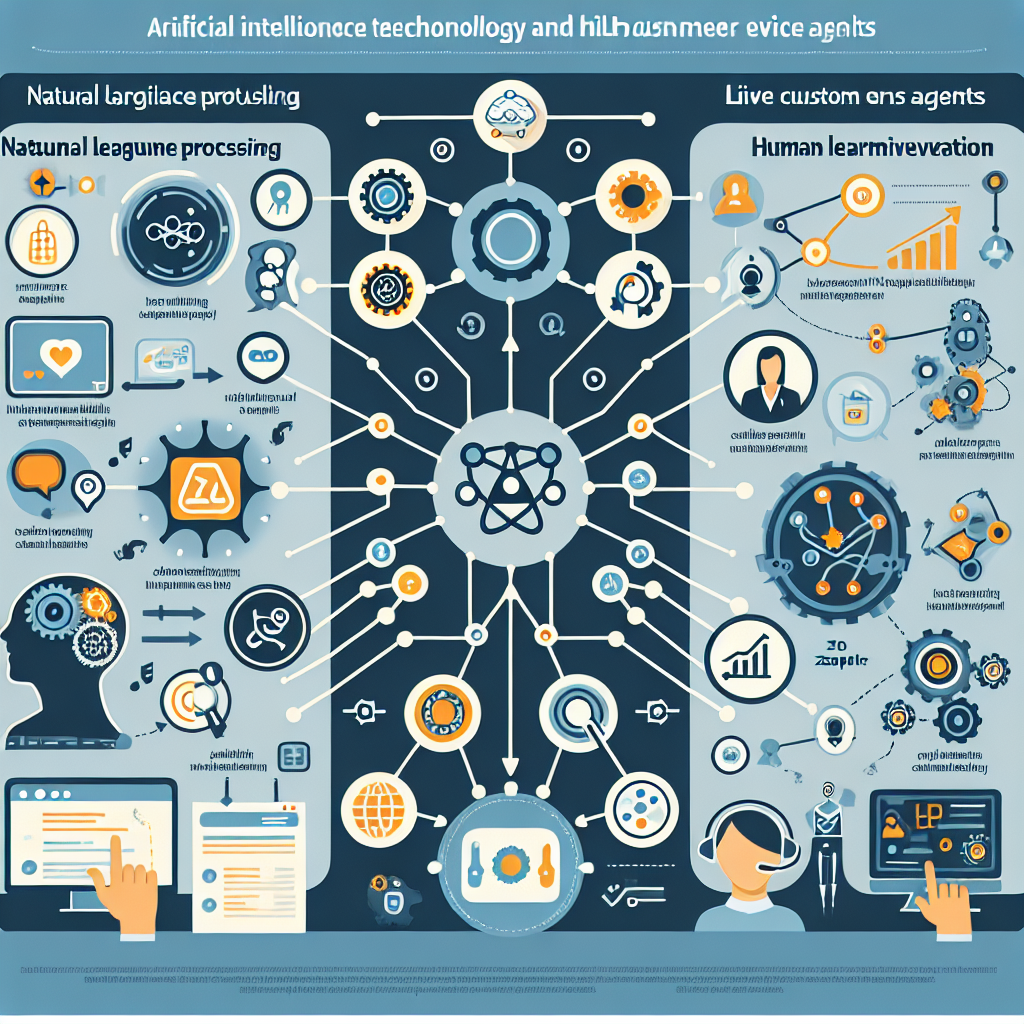 An infographic showcasing the interaction between AI and Live Agents, emphasizing key technologies like NLP, Machine Learning, and Zapier.