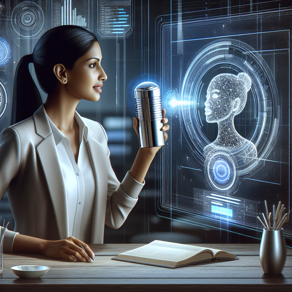 An illustration showing a person interacting with a voice-activated banking system