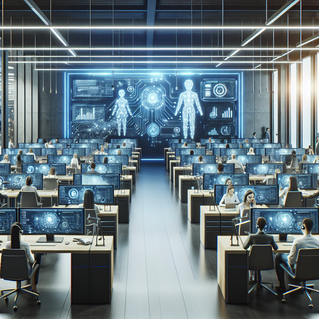 An image depicting a call centre with AI technology interfaces.