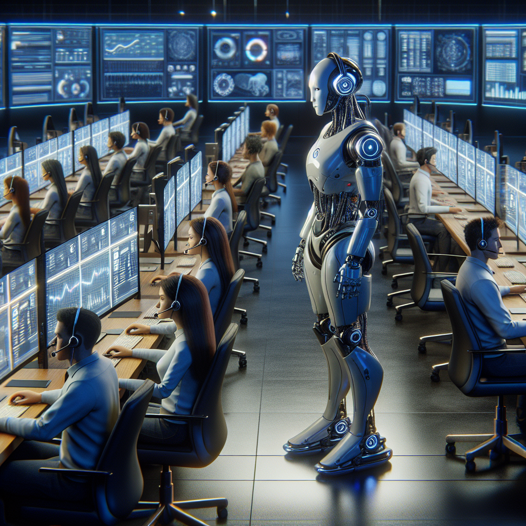 An image showing a pictorial illustration of a robot overseeing call center operations