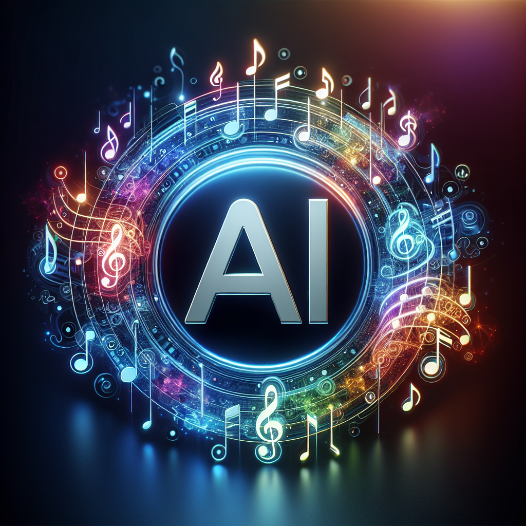 An AI icon surrounded by different music symbols, signifying AI-based music selection