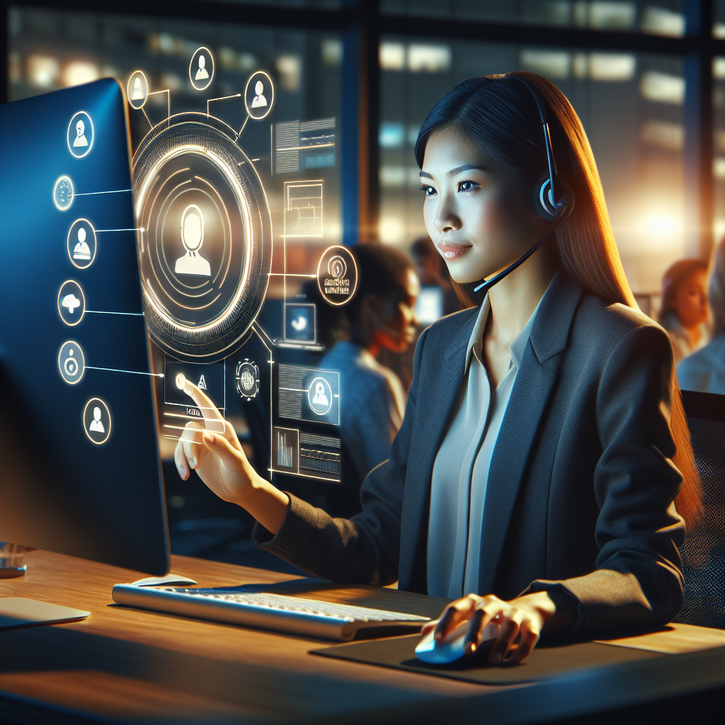 An image showing a customer support representative using an AI system to classify incoming calls and direct customers to the proper digital support platforms.