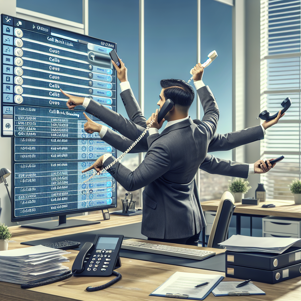 An administrative person juggling multiple phone call requests, pointing to a computer screen that features an automated call-back scheduling system in operation.