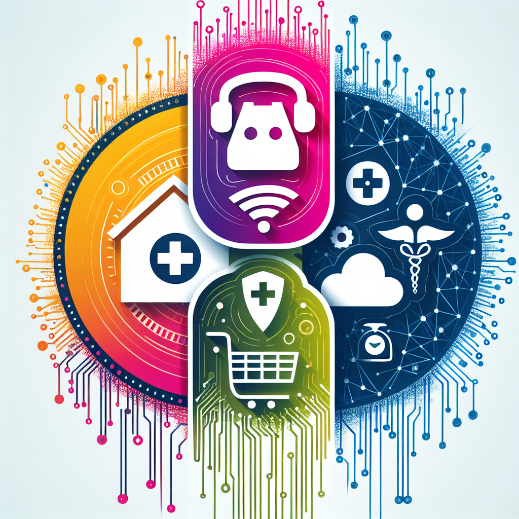 A layered illustration showing a voicemail icon, a healthcare symbol, and an e-commerce icon, visualizing AI applications in these sectors.