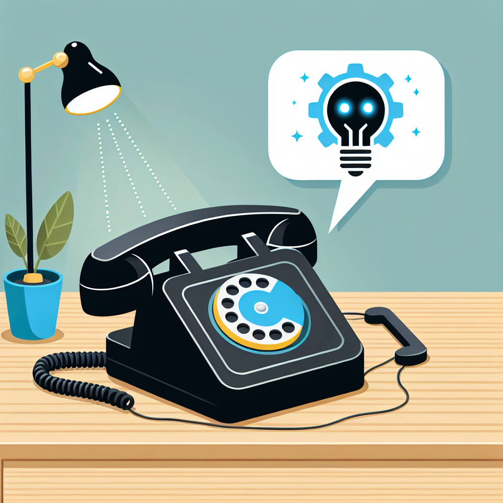 A simplified illustration depicting a voice-activated help desk, showing a traditional office telephone interacting with a stylized AI icon.