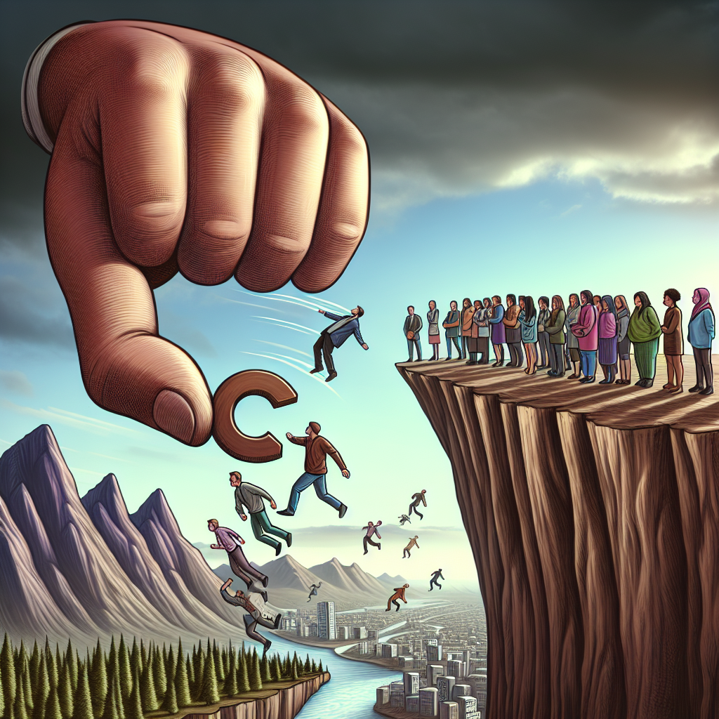An image of a hand preventing illustrated customers from falling off a cliff, representing customer churn prevention