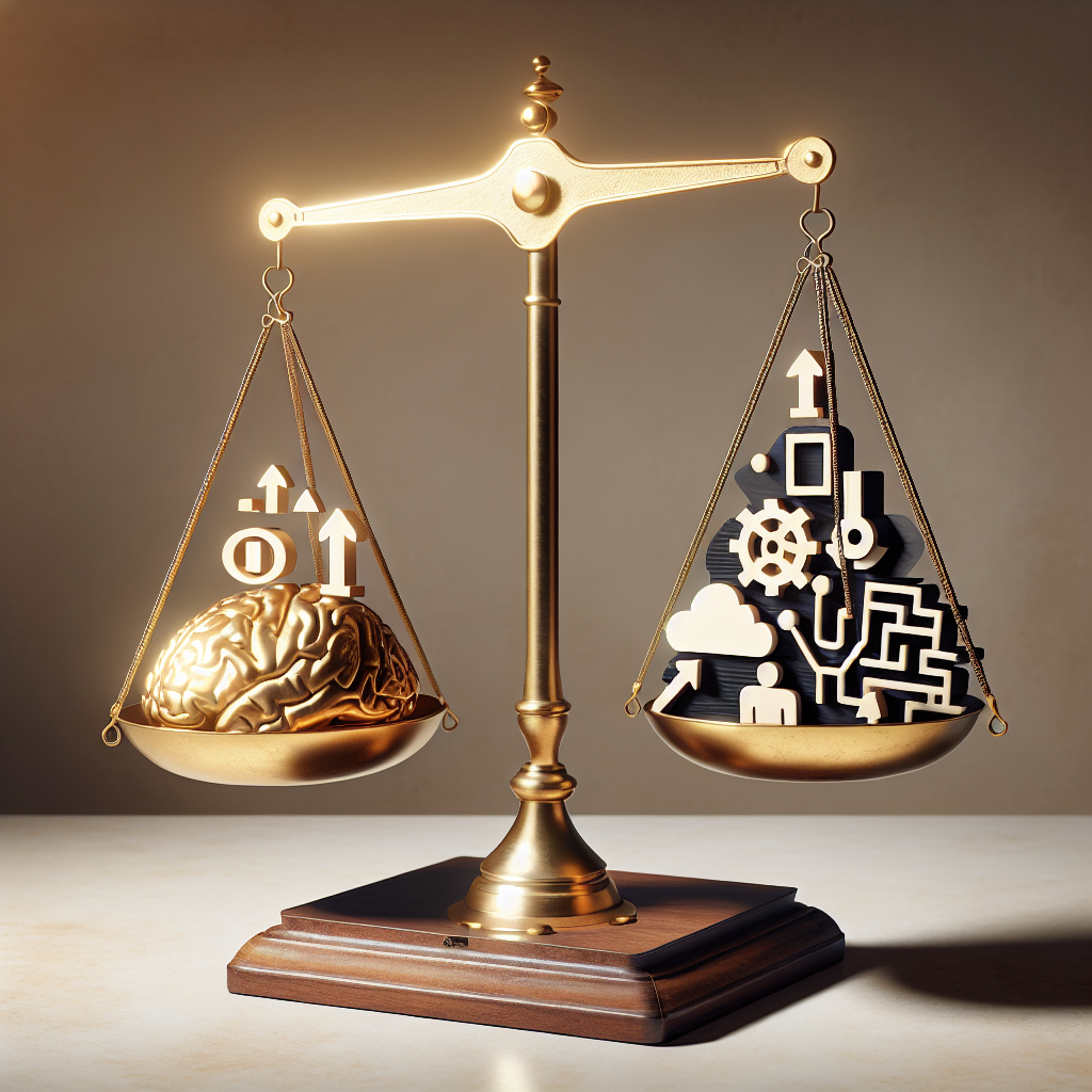 A balance scale with AI benefits on one side and challenges on the other