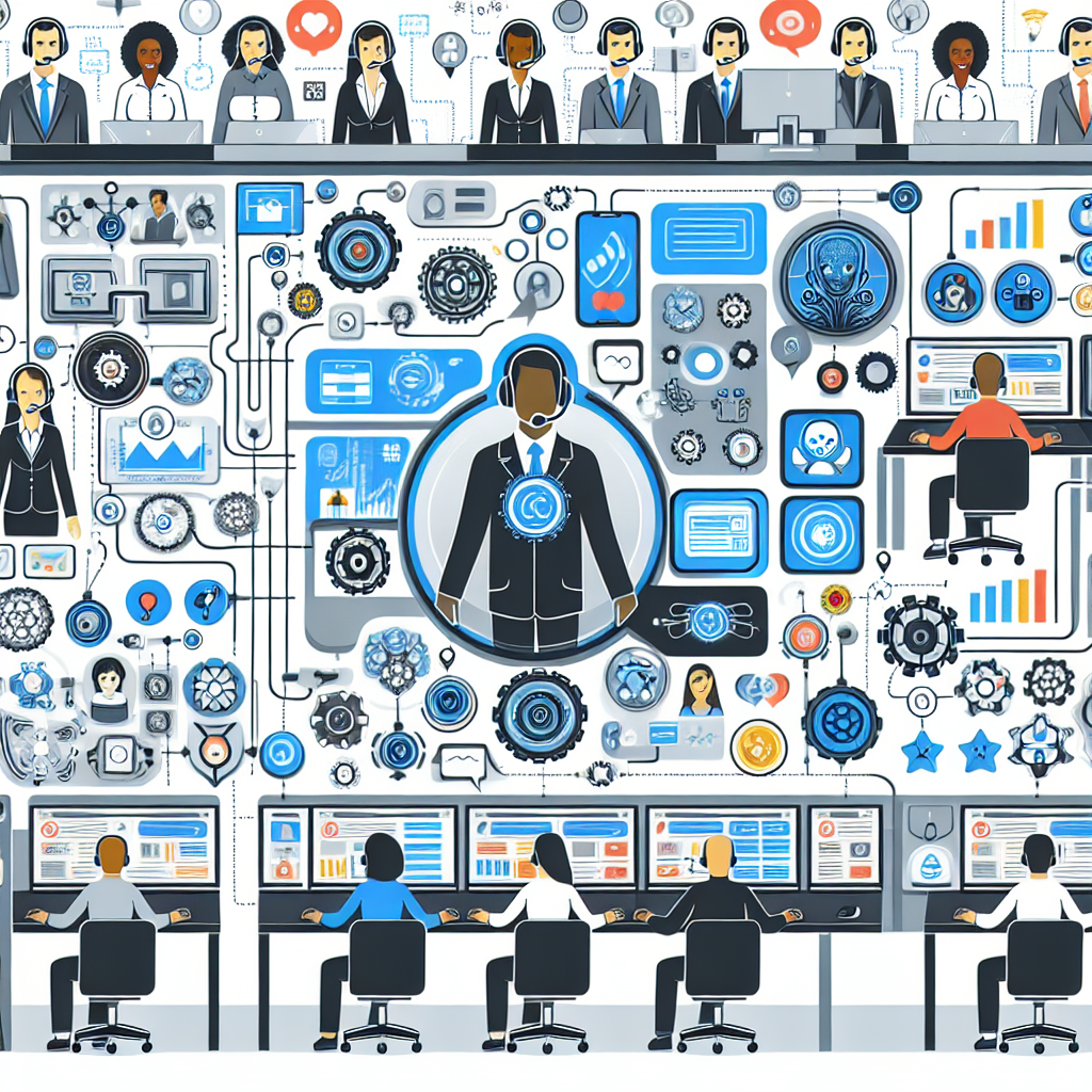 A graphic showing AI and gamification elements in a call center.