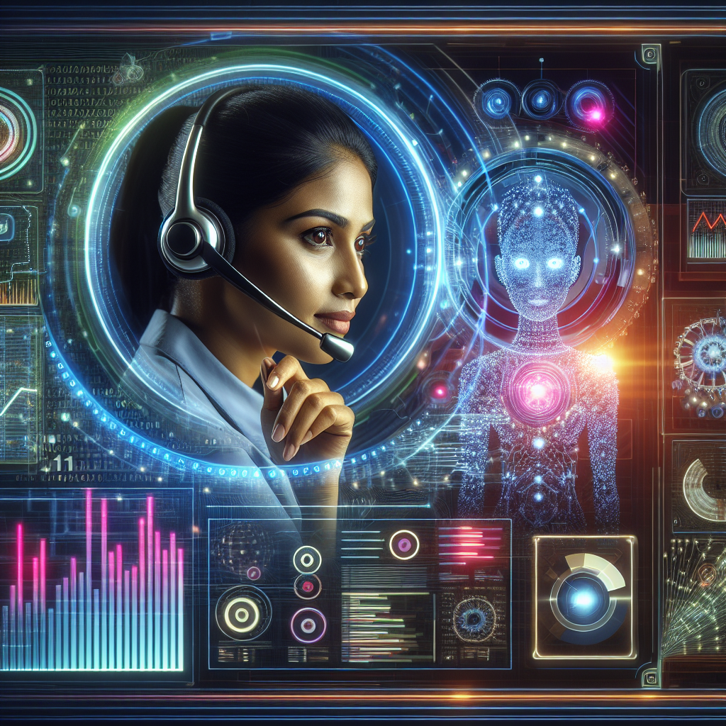 An illustrative graphic showing an AI system monitoring and analyzing a call center agent's performance in real time.