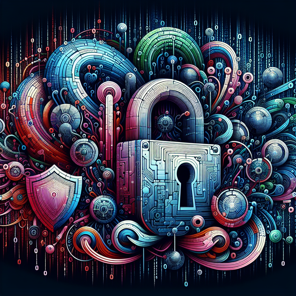 An illustration depicting concepts of privacy like padlocks, security shields, and binary code tangled in strings.