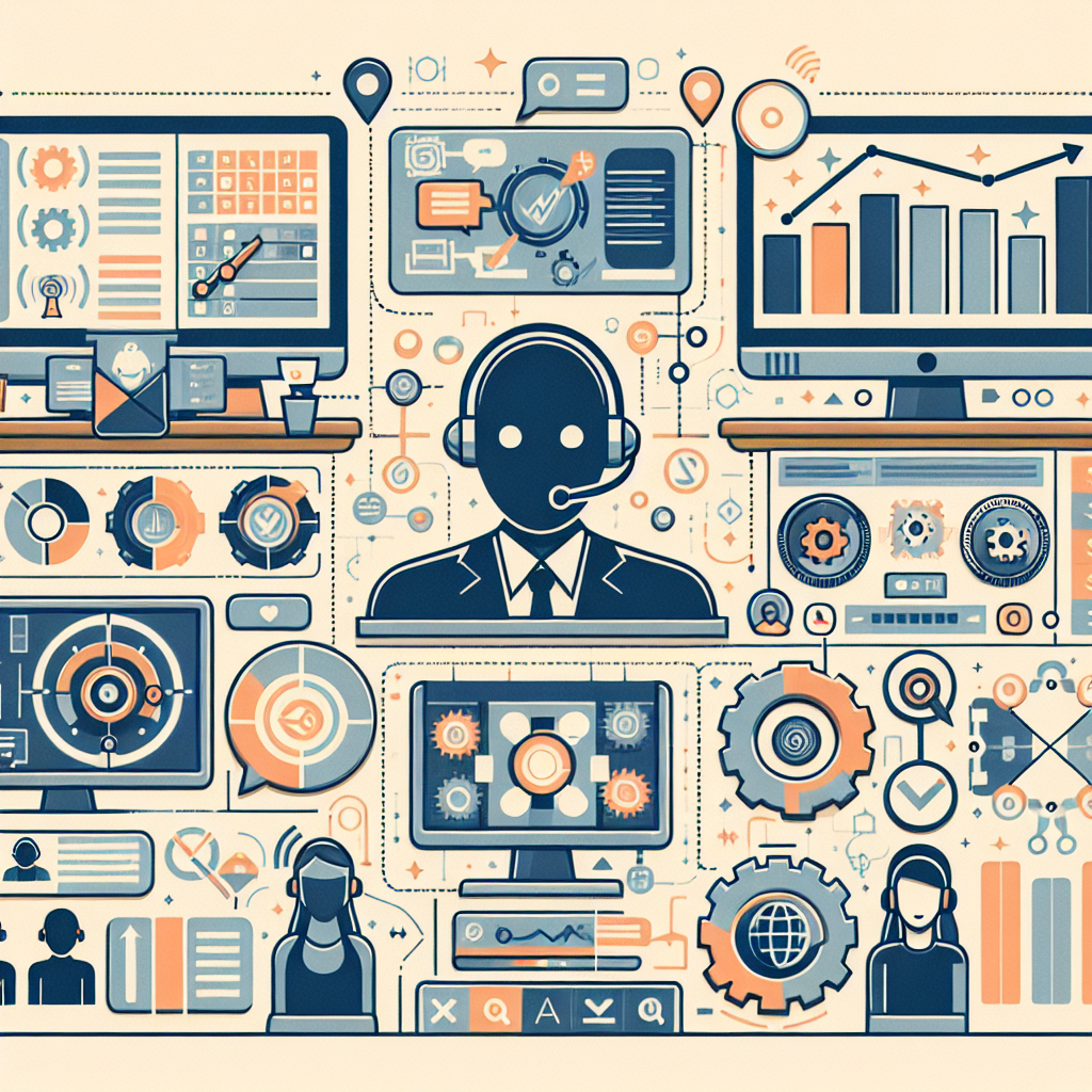 An illustration depicting a call center powered by AI with icons representing efficient task management and streamlined operations
