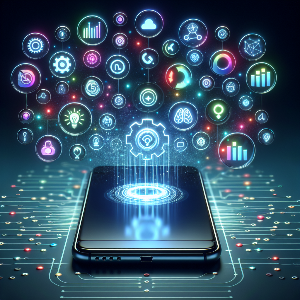 An image depicting a smartphone surrounded by icons representing automation, analytics and AI.