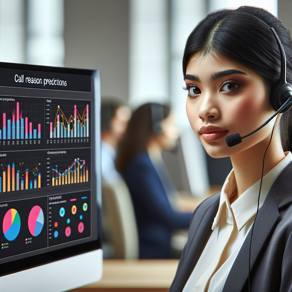 A customer service representative with headphones in front of a computer screen showing graphs and data for call reason prediction.