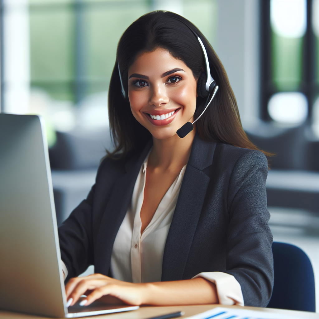 An agent at a desk, wearing headsets, working efficiently with a smile