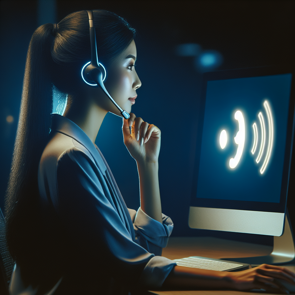 A call center agent wearing a headset, showcasing an illustrative whisper symbol indicating the guidance instruction from the Intelligent Call Whisper System