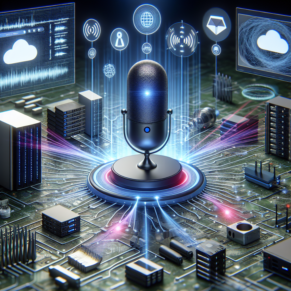 An image showing a voice-controlled device interacting with various components of an IT ecosystem
