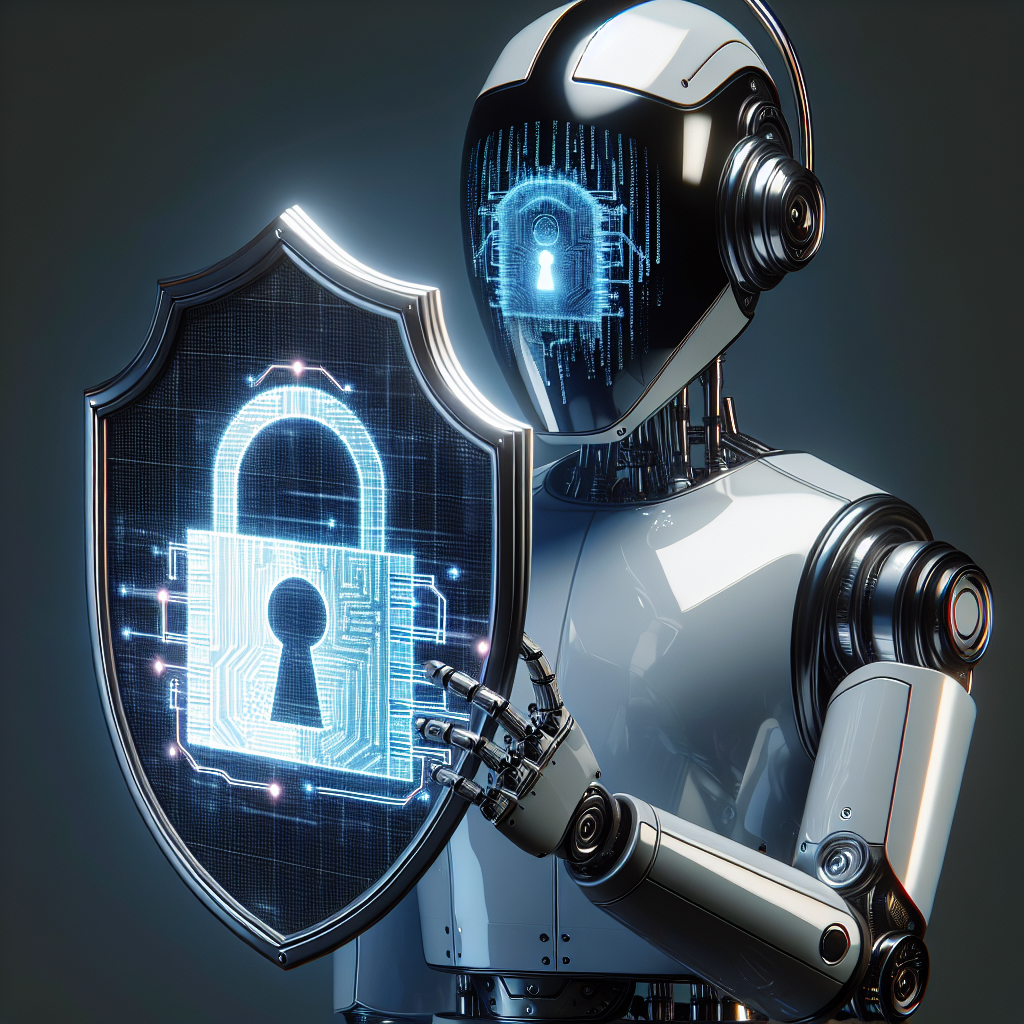 An AI robot with a shield reflecting a customer's privacy concern symbol, showing that AI is protecting privacy while cross-selling