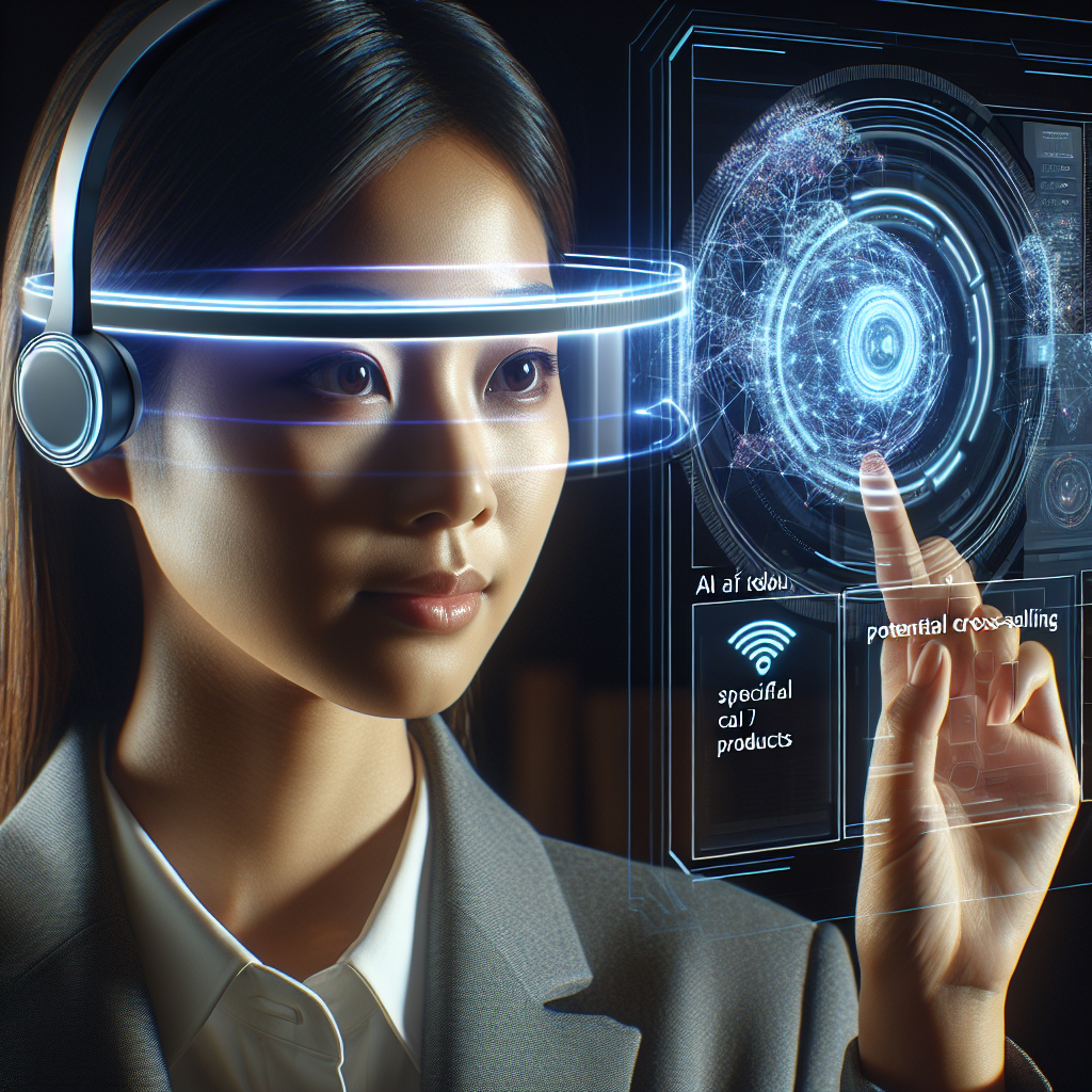 A futuristic image portraying AI in sales; a representative wearing an AI-powered headset showing customer data and potential cross-selling products
