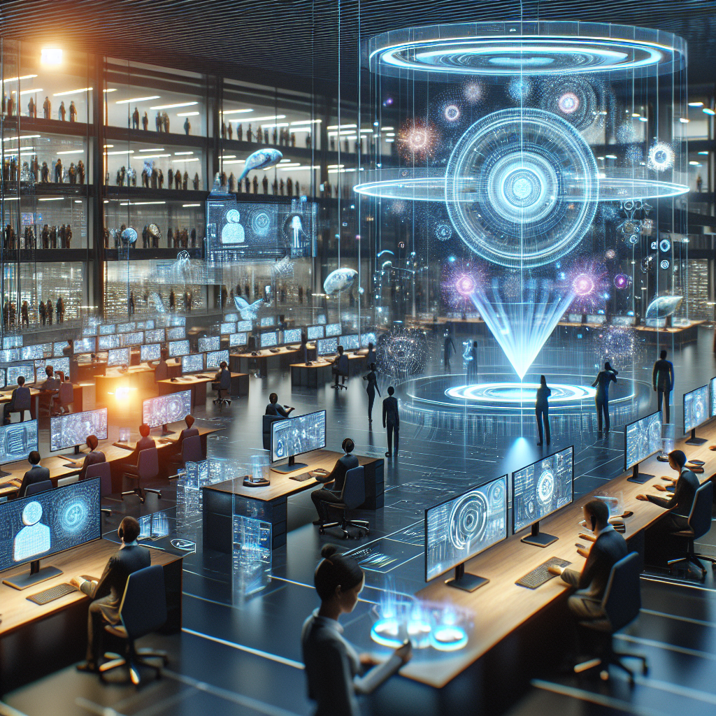 An image displaying a futuristic call center with AI integrated systems