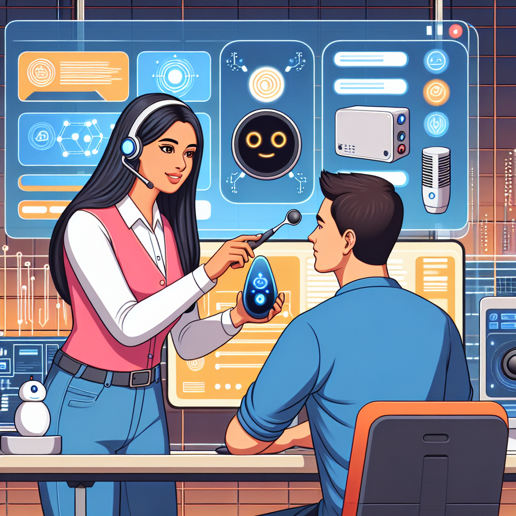 An illustration showing a tech support agent supported by AI, helping a customer with troubleshooting their home automation devices