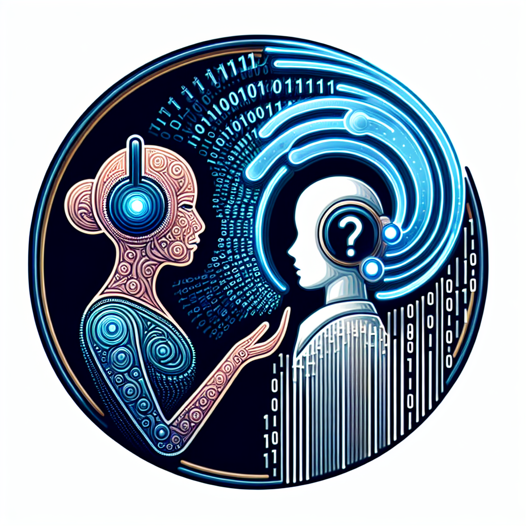 An AI receptionist symbol engaging in an active dialogue with a customer, with a graphic of binary numbers or coding flowing from its ear to symbolize dialogue analysis.
