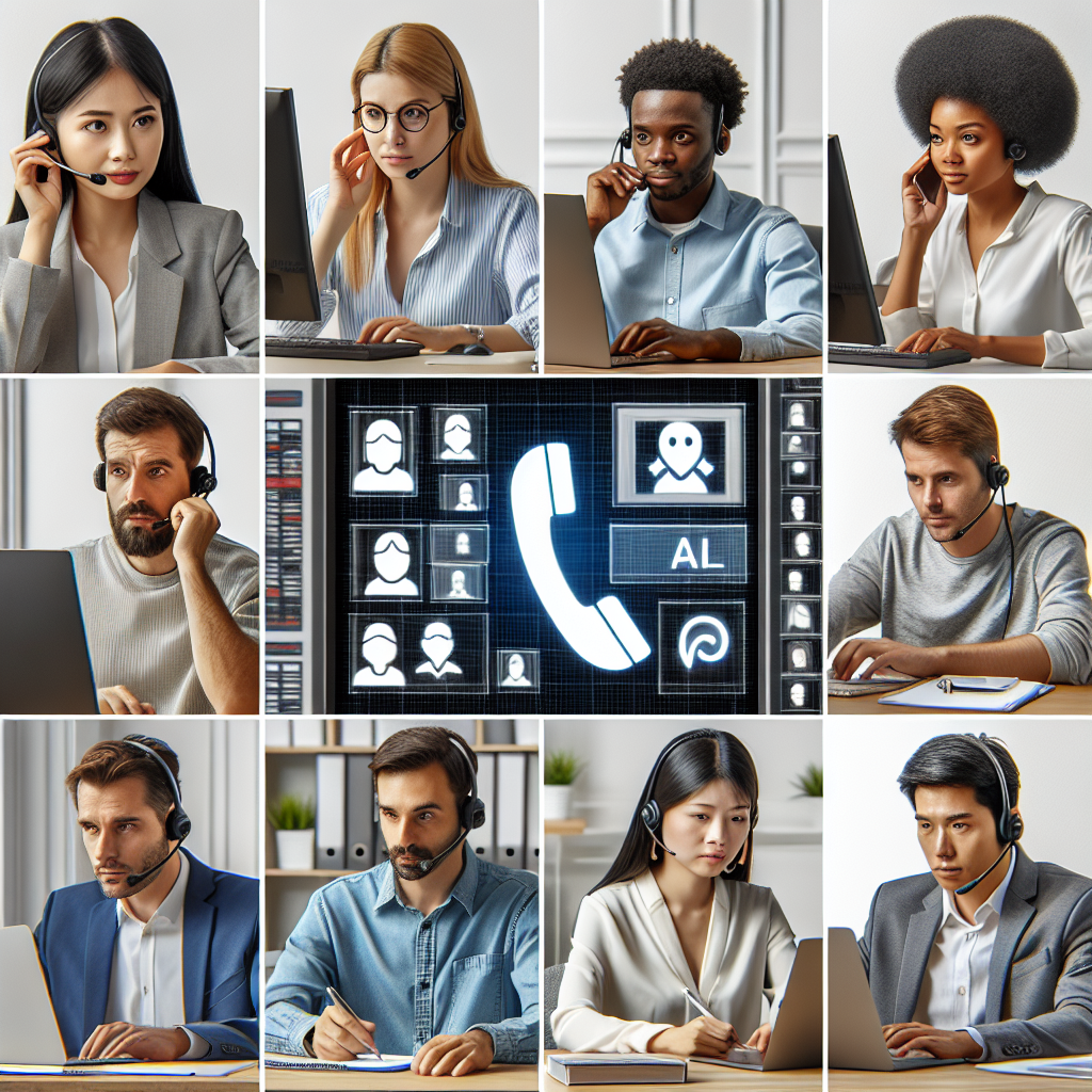 An image showcasing a customer service team engaged in solving issues and handling a high volume of calls, emphasizing the need for AI-enhanced phone menus