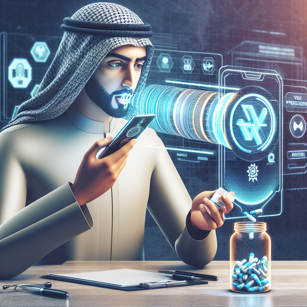 An illustration depicting a voice-activated system in use, with a person speaking into a device, and a prescription being filled as a result.