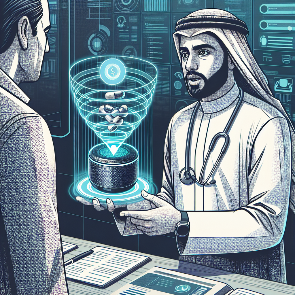 A graphic illustration showing a patient speaking to a voice-controlled device to refill a prescription
