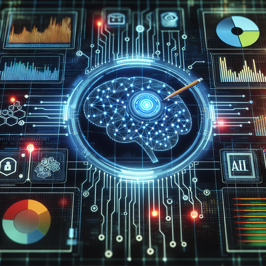 An image of an AI-driven compliance tool, with the AI logo, charts showing data points and keywords flagged by the system.