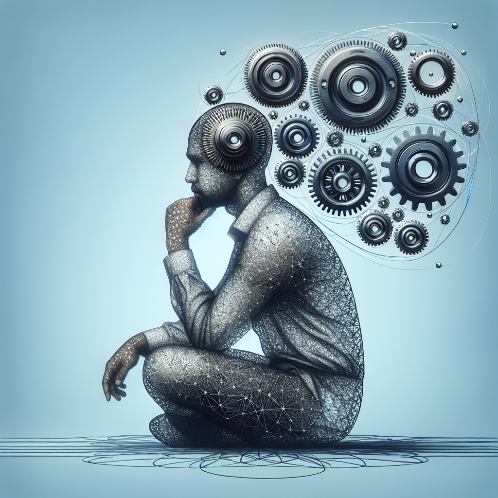An image depicting a person thinking with gear symbols around their head, representing the considerations and challenges associated with AI-driven call tagging.