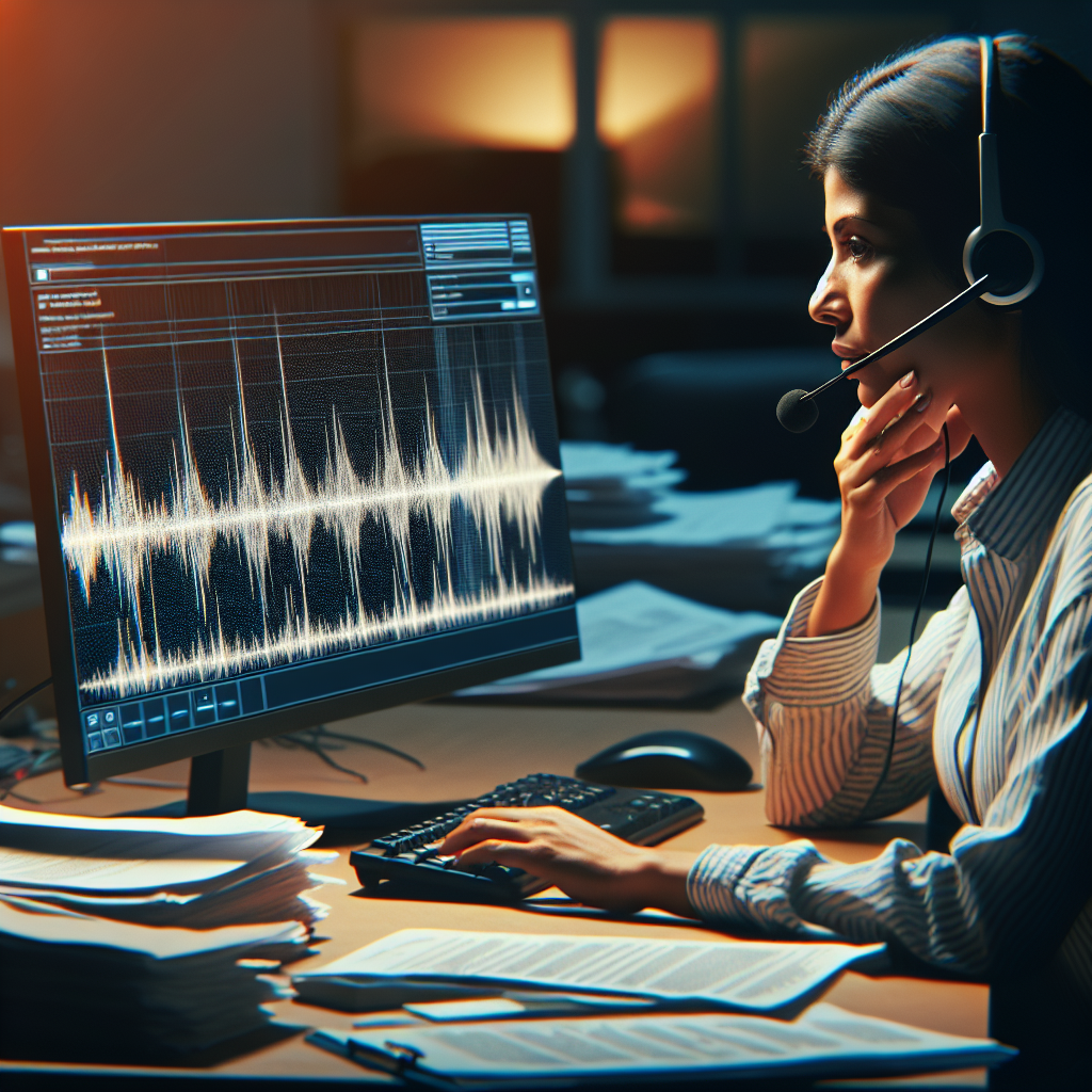 An image showing a customer service representative talking over the phone, with voice waveform graphics overlay