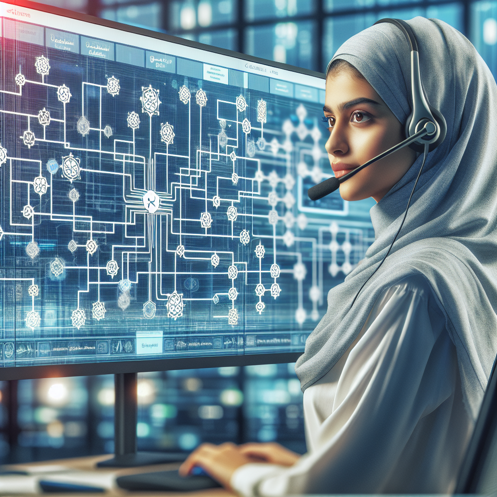 An image showing a call center operator with the flowchart of intelligent call routing on a background screen