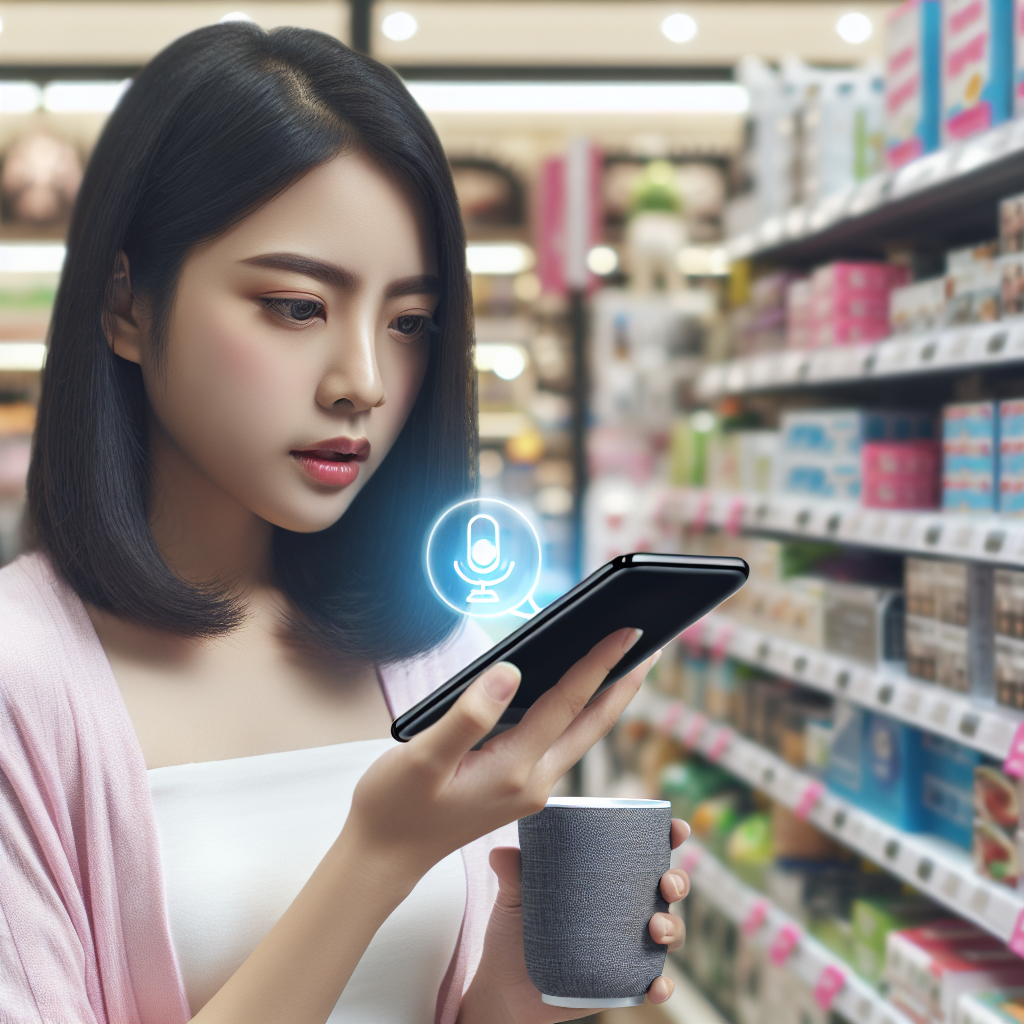 An image showing a customer using voice activation on a phone to compare products