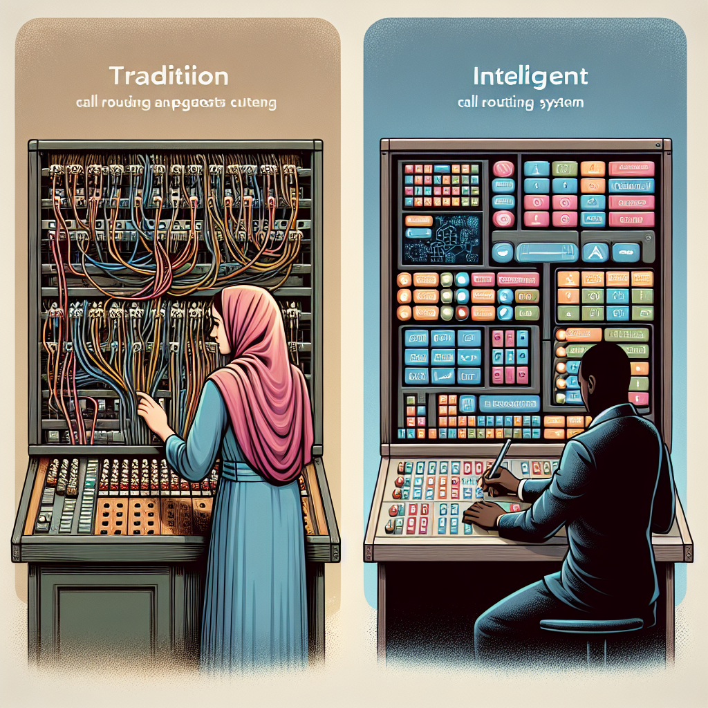 An image visually differentiating between traditional call routing systems and intelligent call routing systems.