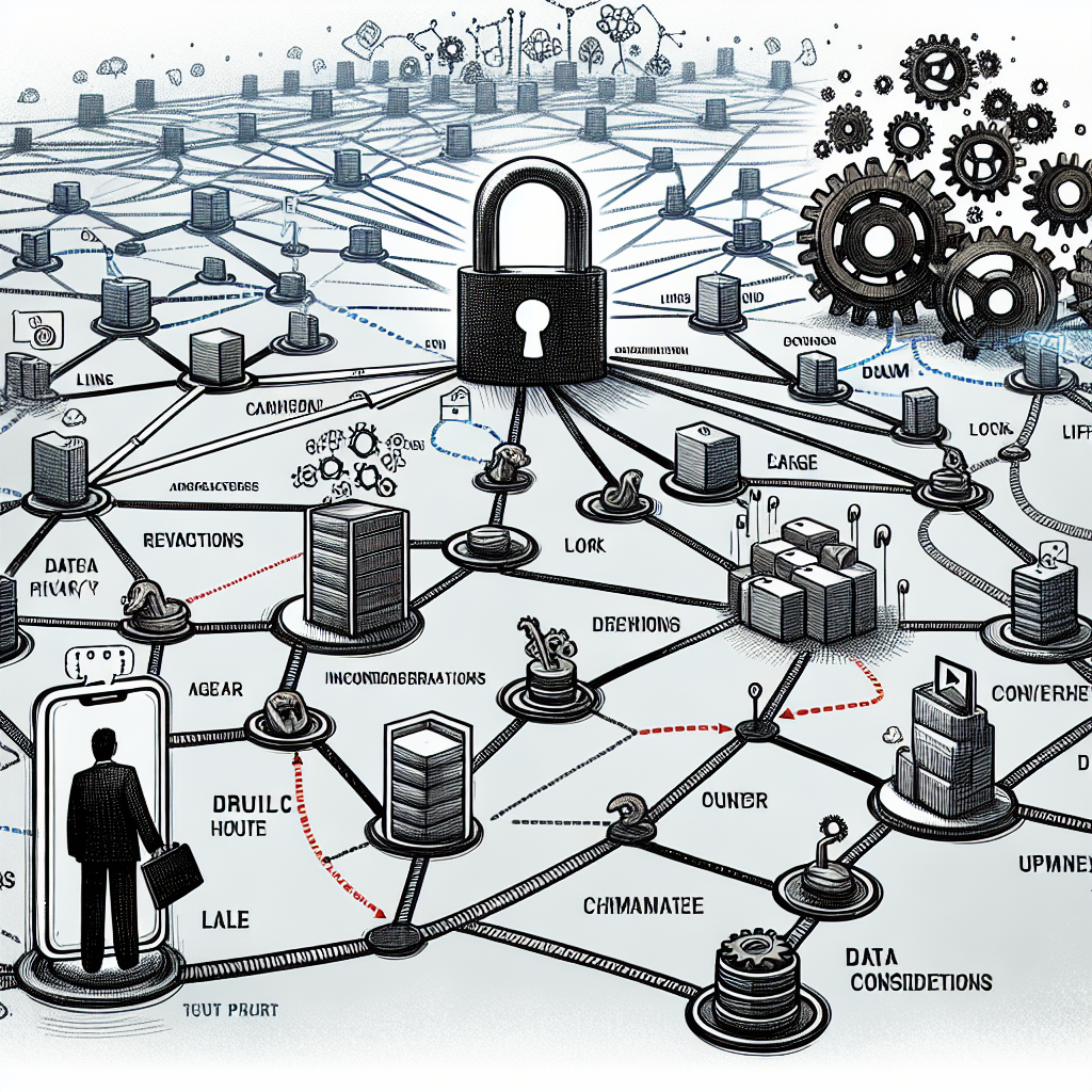 An illustration showing a call routing system encountering challenges and considerations like data privacy concerns and system update needs.