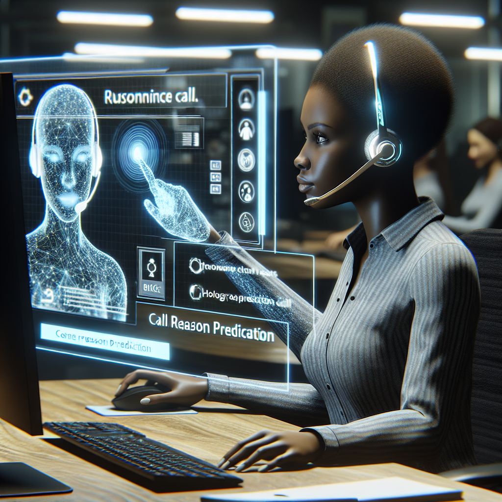 An image depicting a customer service agent equipped with an automated call reason prediction system, preparing to answer a call