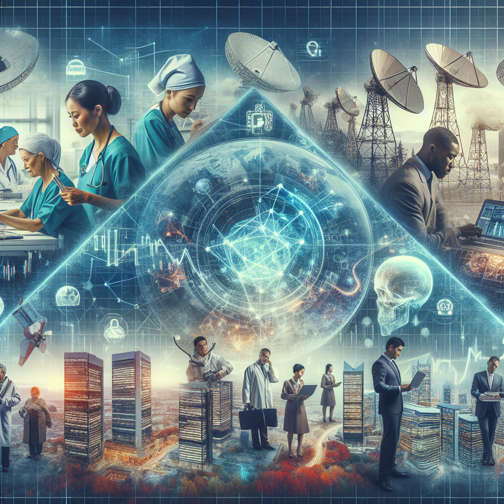 A collage showing various industries like healthcare, telecom, and finance, with AI technology overlay