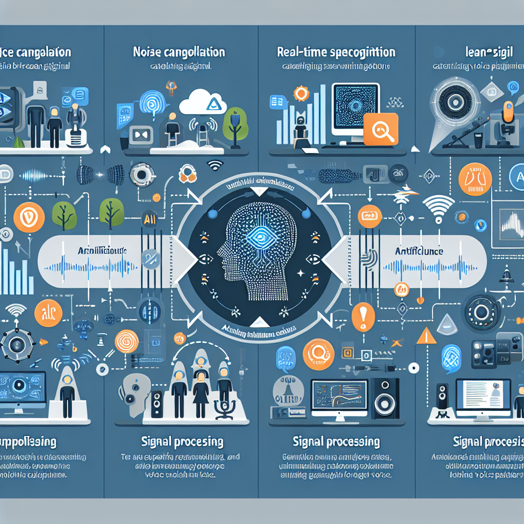 An infographic showing how AI enhances voice clarity with noise cancellation, real-time speech recognition, and signal processing