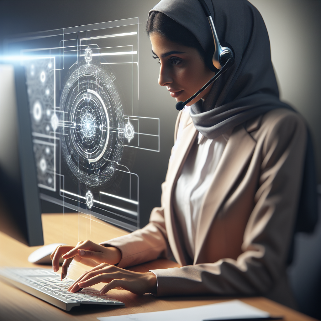 A call center agent wearing headphones and scanning information on a computer screen, symbolizing the use of automation in preparing for a customer call.