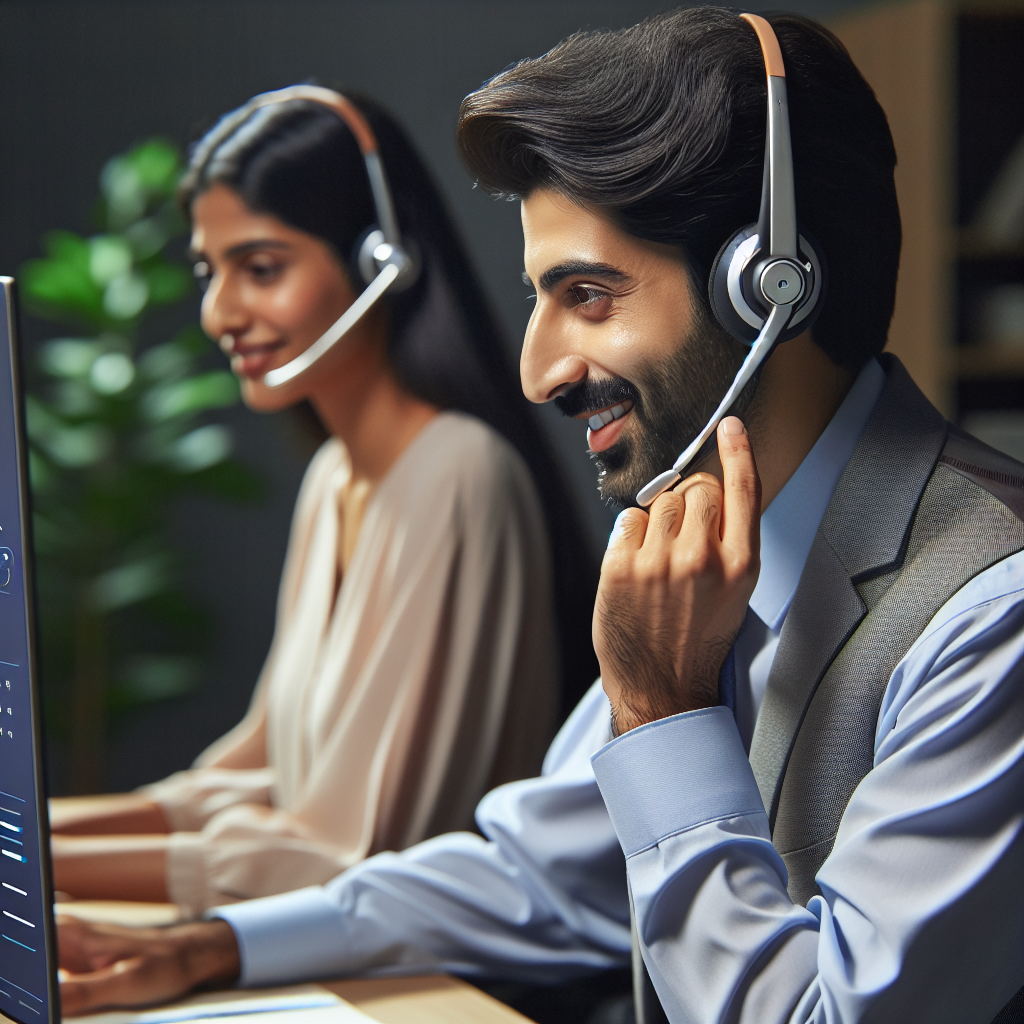 A customer service representative wearing a headset, receiving instructions from a whisper technology while assisting a customer.
