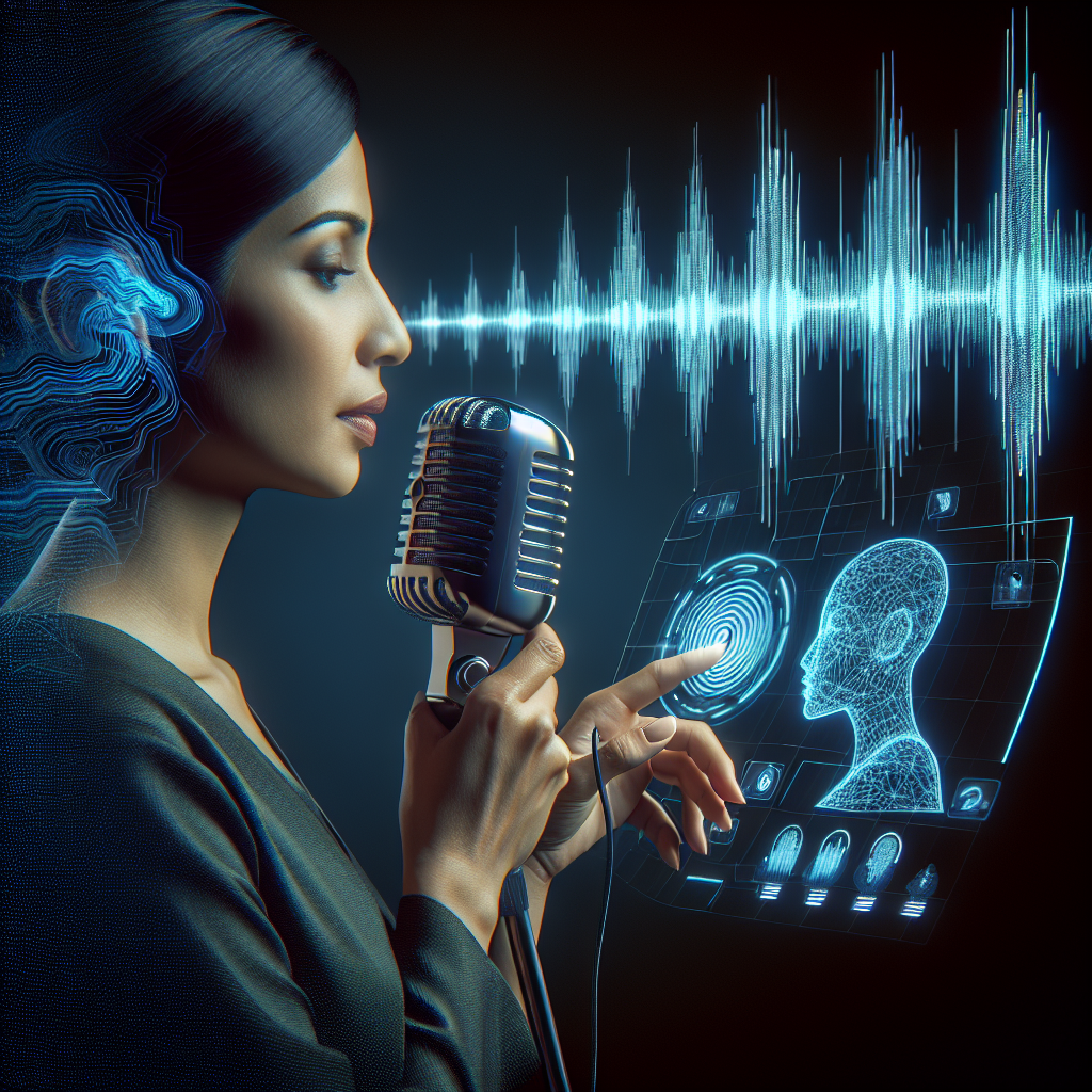 An image showing a person speaking into a microphone with digital waves representing voice recognition
