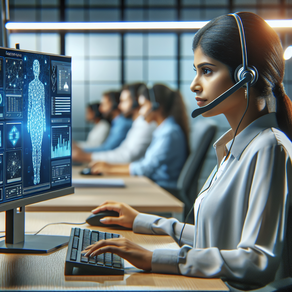 An image depicting a call center agent interacting with an AI interface on a computer monitor