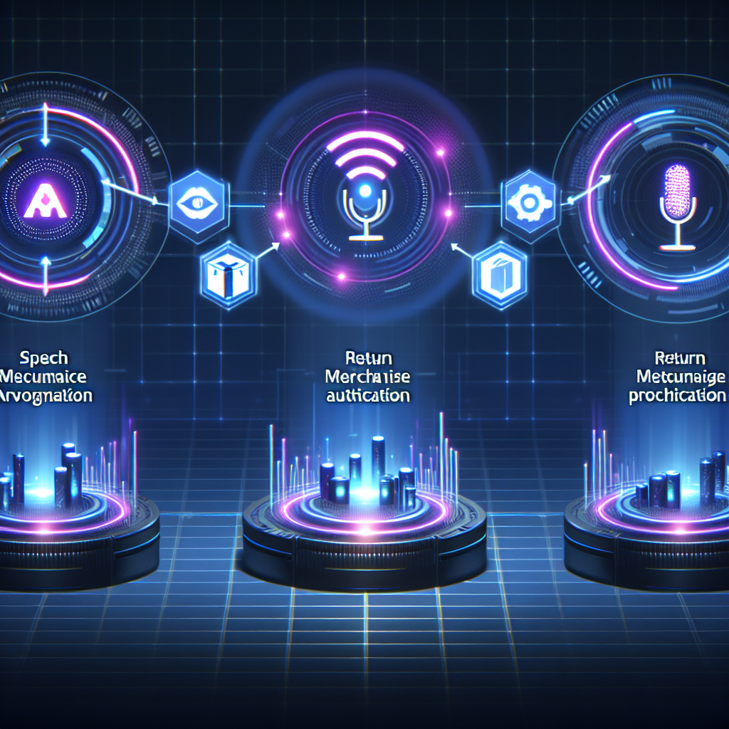 A depiction of a voice-activated RMA processing system in action, with illustrative icons of speech recognition, product returns, and system processing