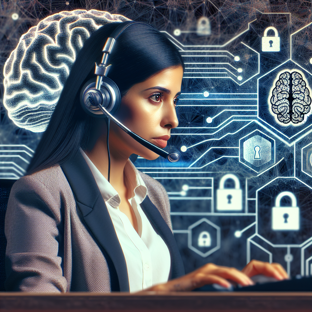 An image depicting a phone operator with a background consisting of intertwined AI and privacy symbols