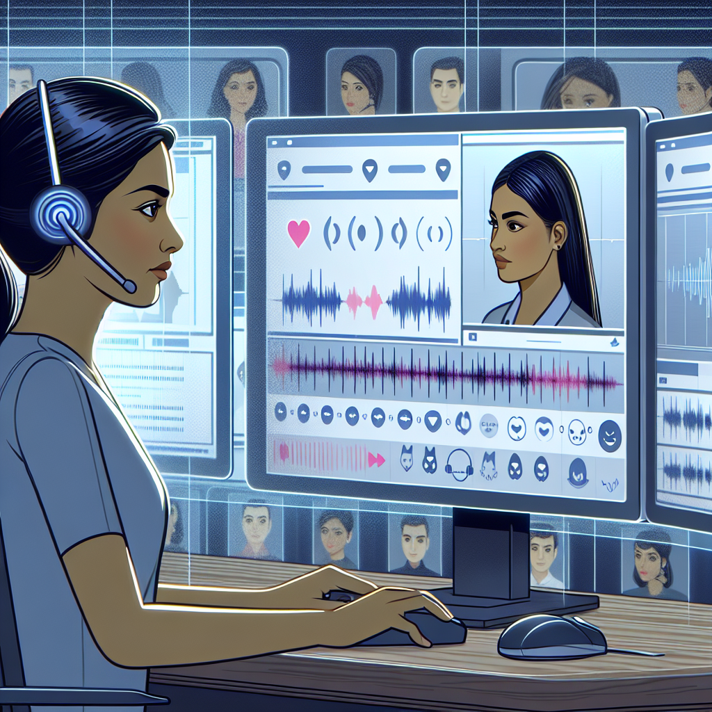 An illustration showing an operator in a call center analyzing the emotional state of a customer through voice-based emotion tracking technology