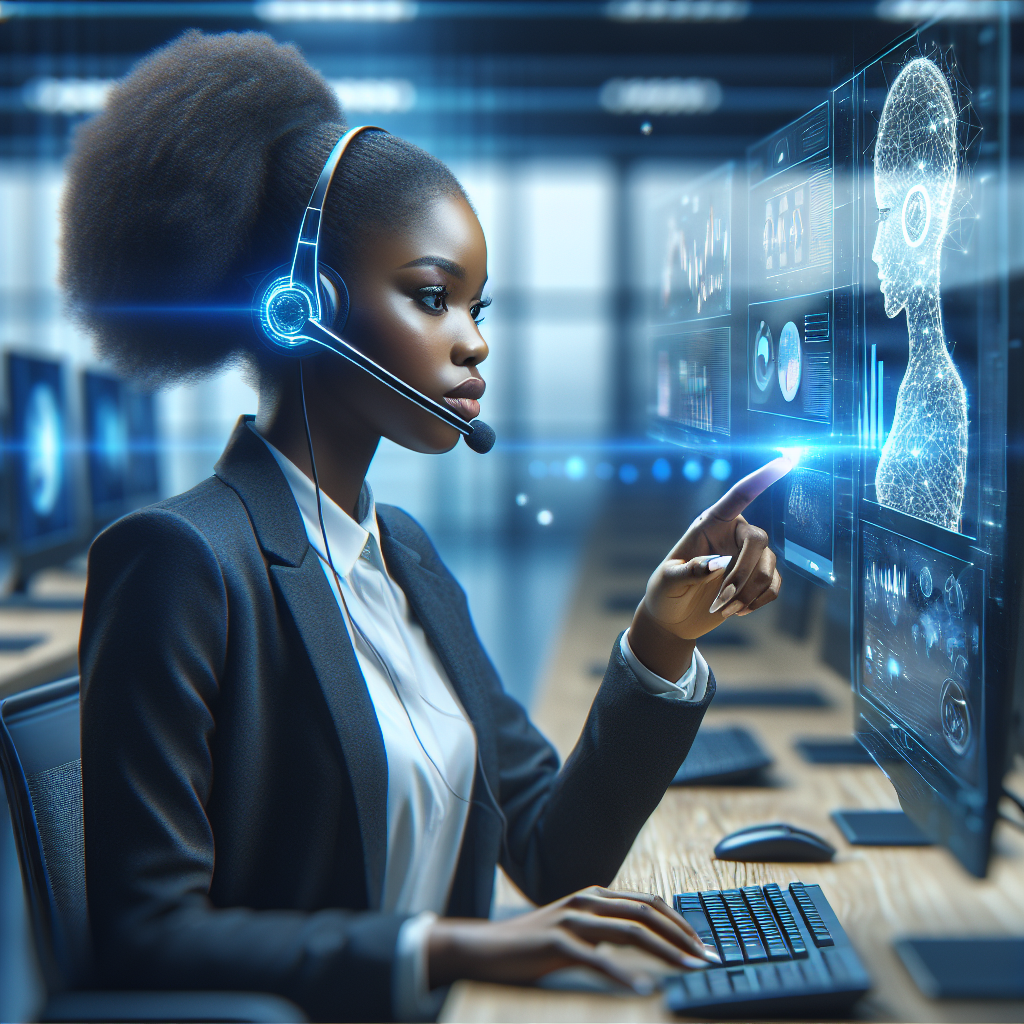 An image depicting a customer service representative resolving a call with the assistance of AI technology