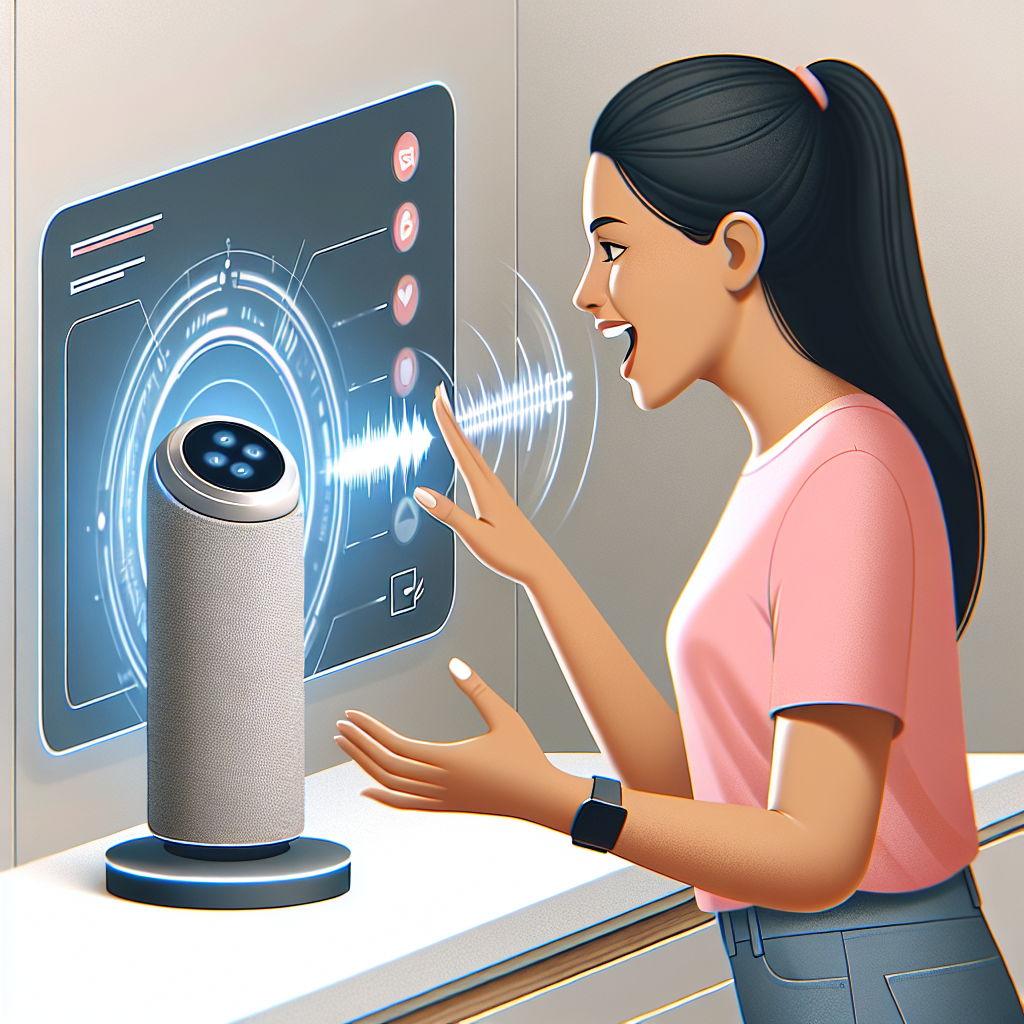 An image showing a customer speaking into a voice-activated device.