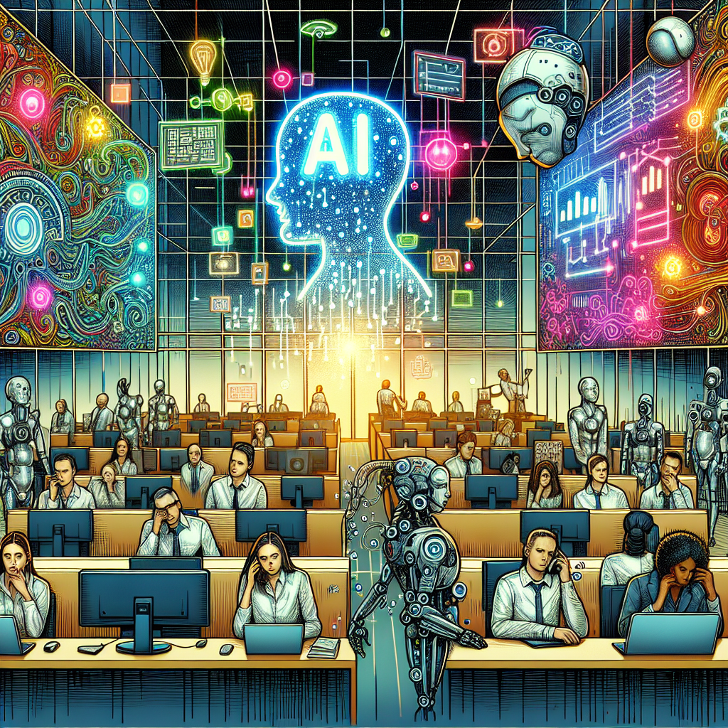 An illustration representing a business struggling with an AI implementation, with elements such as an AI logo, hold music, etc.