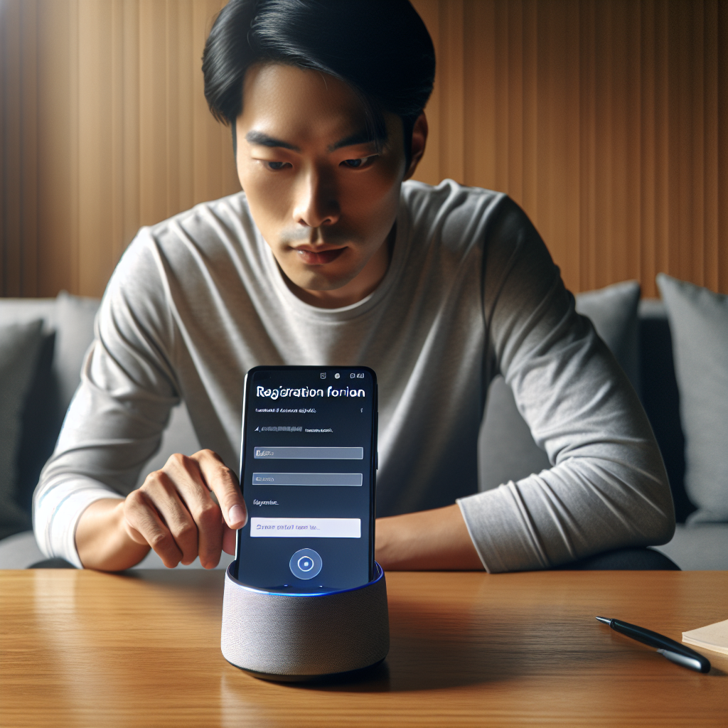 An image showing someone using a voice-activated device for product registration